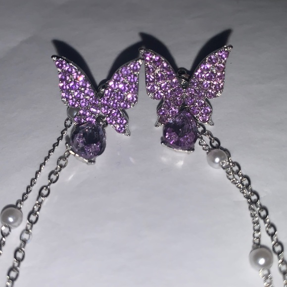 Rhinestone Pearl Butterfly Dangle Earrings - Picture 6 of 7